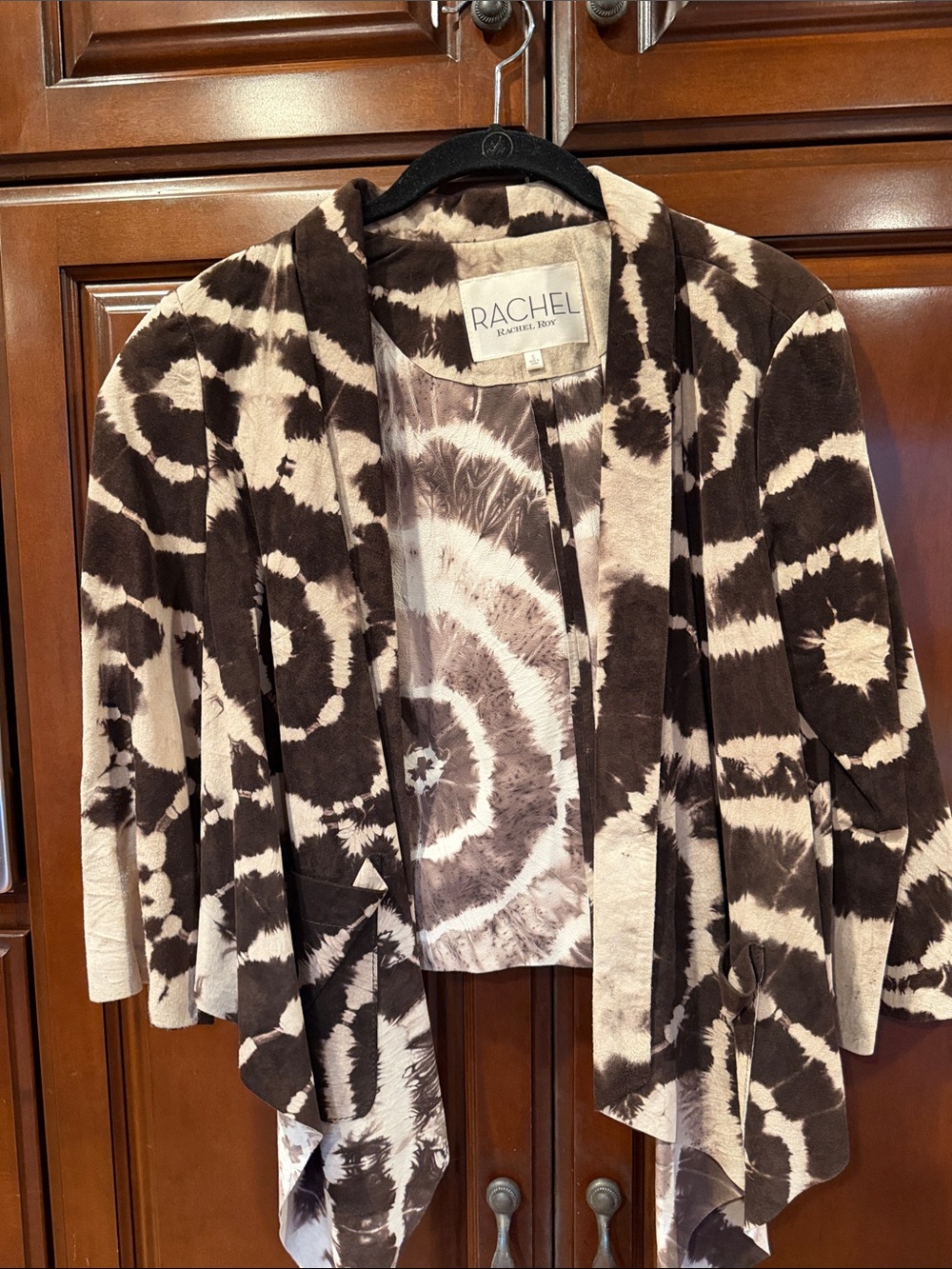 Rachel Roy Brown & Cream Tie-Dye Draped Open Front Suede Jacket